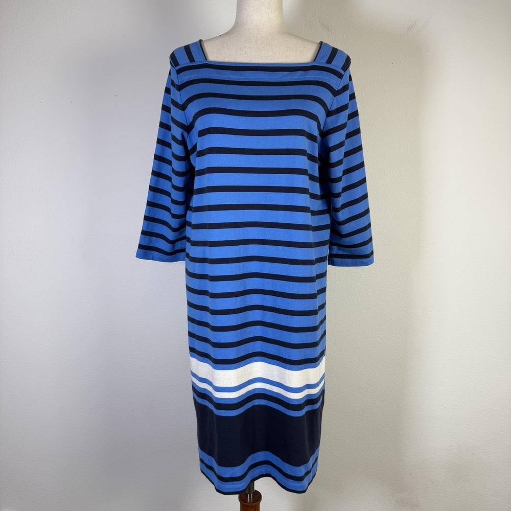 LL Bean Square Neckline Dress Large Blue Striped Nautical 1/2 Sleeve Coastal